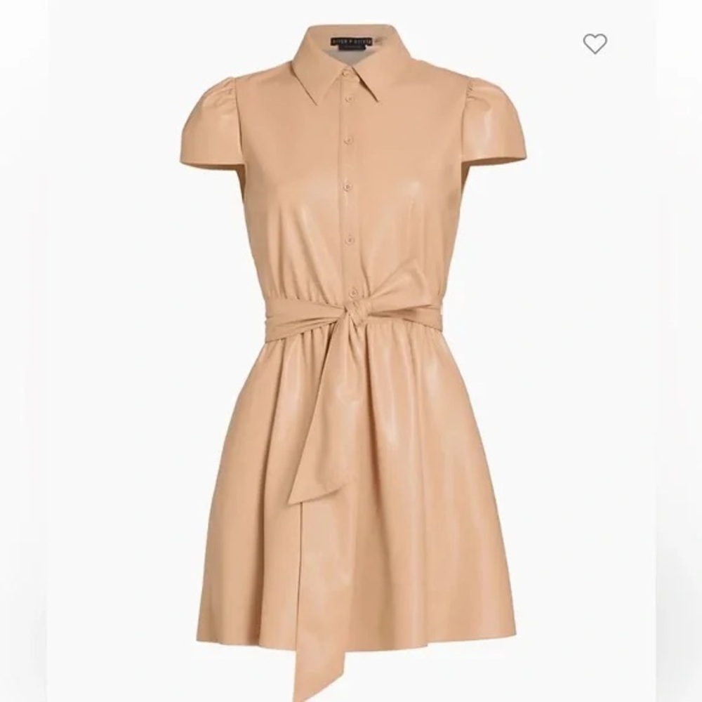 Alice + Olivia Carolyn Vegan Leather Mini Shirt Dress in Tan size 10